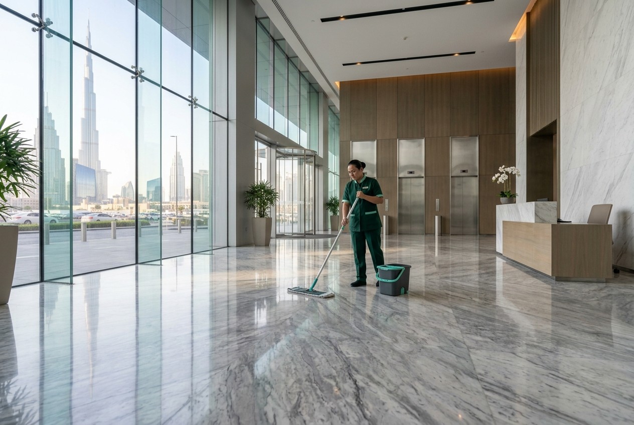 Cleaner mopping a residential tower lobby