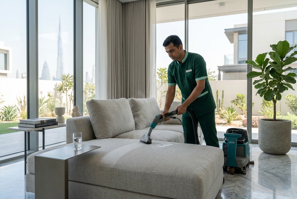 Technician steam-cleaning a sofa