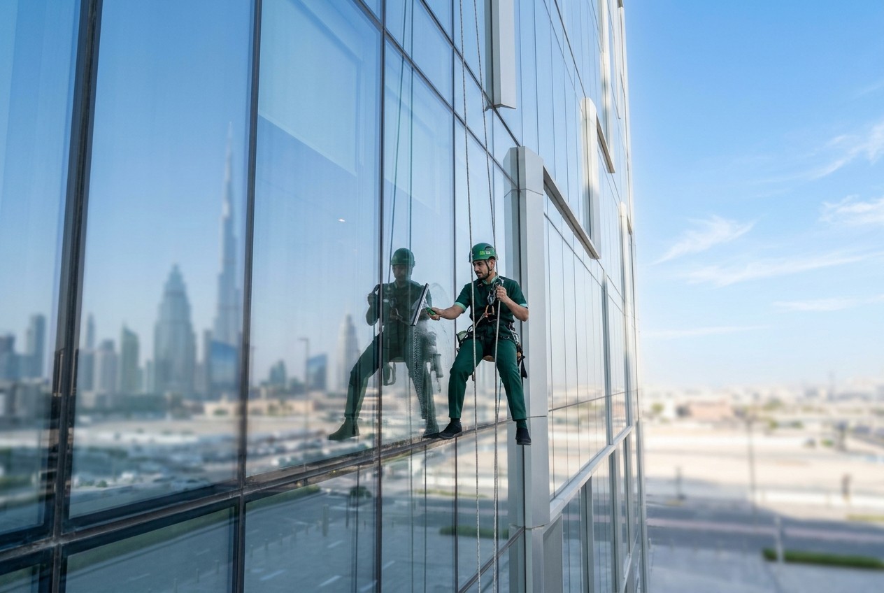 Rope-access cleaner washing a glass facade