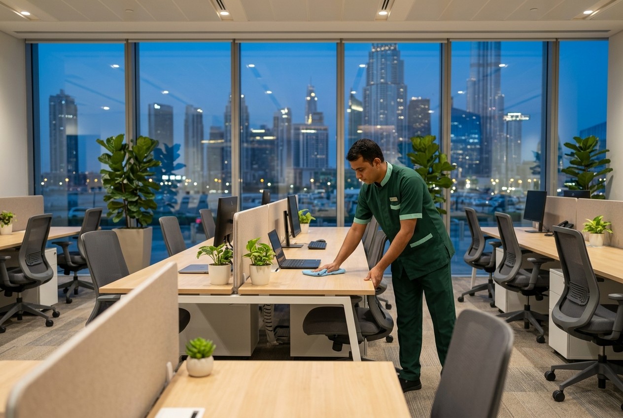 Cleaner wiping a desk in a modern office